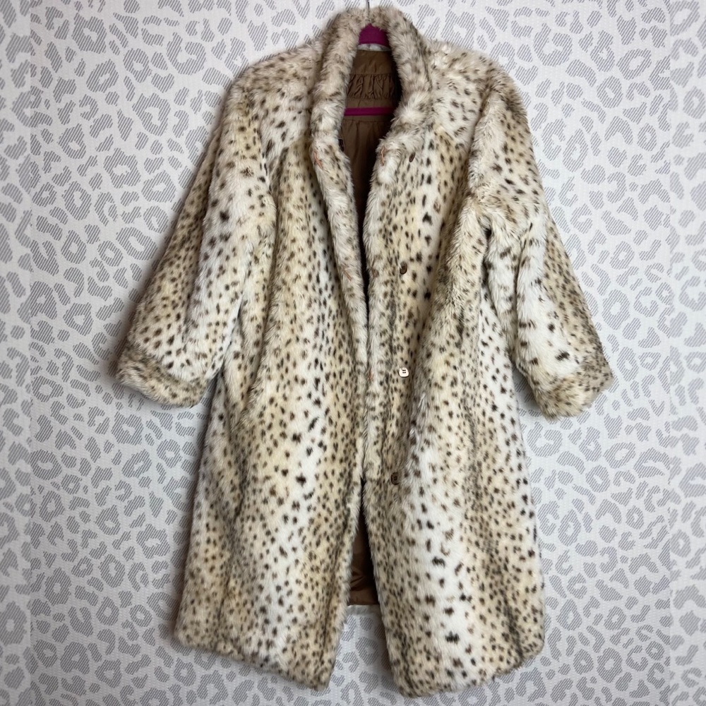 Vintage Snow Leopard Faux Fur Animal Print Coat Reversible SPORTOWNE FUTUR L-XL